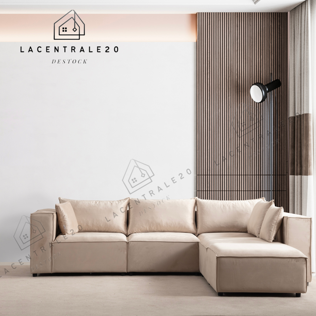 Canapé Modulo Velours beige , Modulable 3+1 Pouf