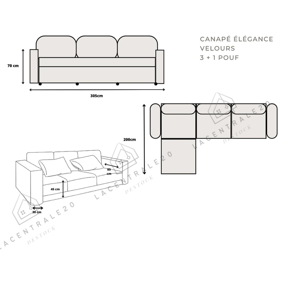 Canapé Modulo Velours beige , Modulable 3+1 Pouf