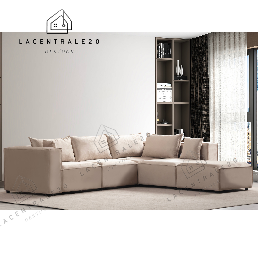 Canapé Modulo Beige Velours , Modulable 4+1 Pouf
