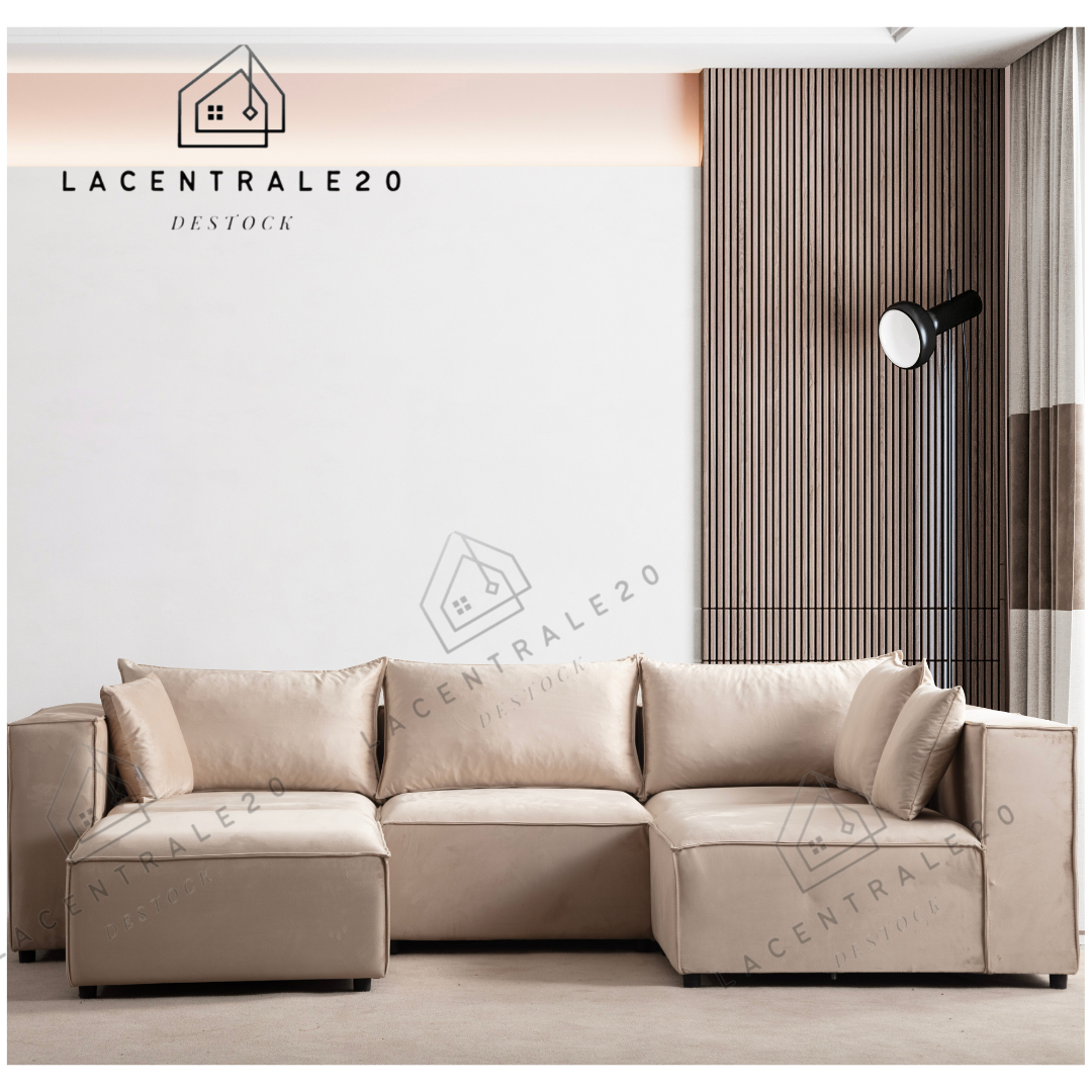 Canapé Modulo Beige Velours , Modulable 4+1 Pouf
