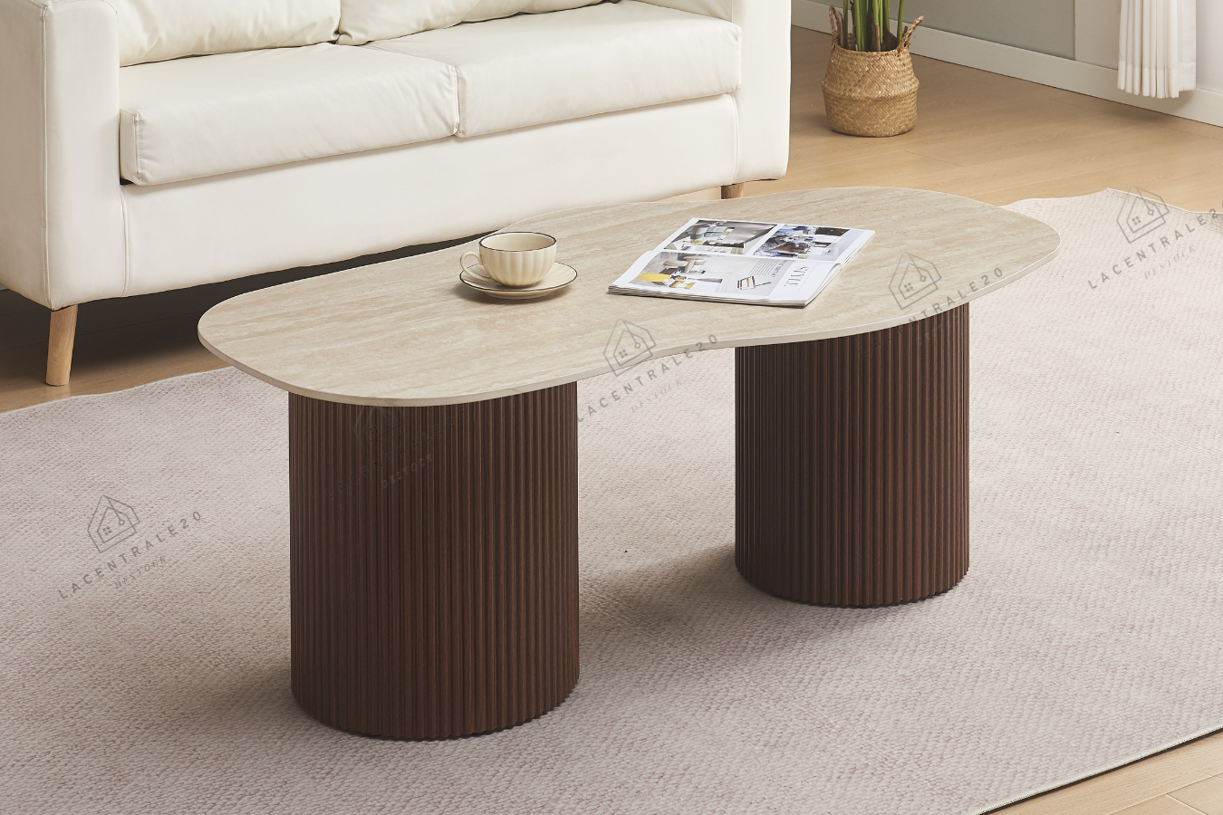 Table basse Niki effet travertin et noyer