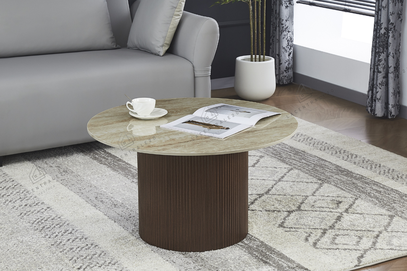 Table basse Famous Noyer effet travertin