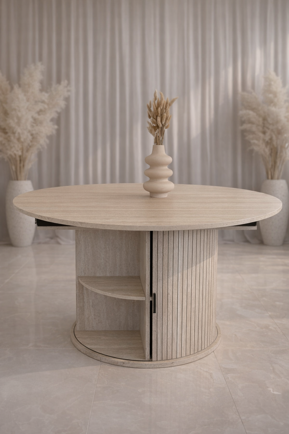 Table à manger - Extensible - Effet travertin - rangements intégrés - Ronde - Leon