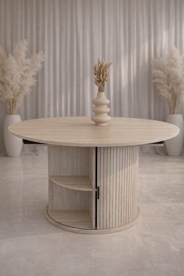 Table à manger - Extensible - Effet travertin - rangements intégrés - Ronde - Leon