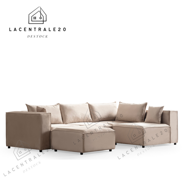 Canapé Modulable - Tissu velours Beige - 4+1 Pouf - Modulo