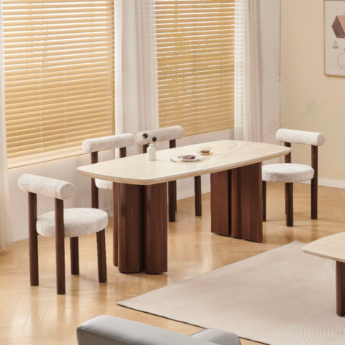Table à manger - Effet Travertin - Pied effet Noyer - Trinity