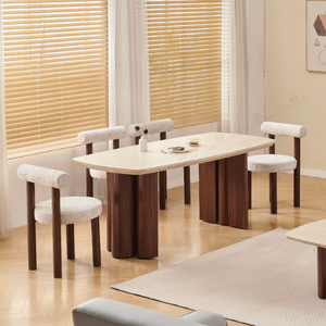 Table à manger - Effet Travertin - Pied effet Noyer - Trinity