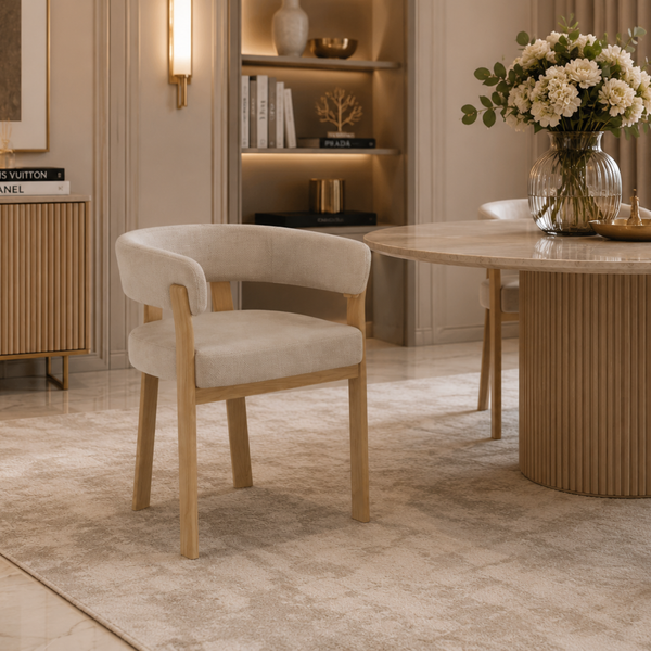 Chaise salle à manger Velours Beige / Grain Moka – Pied effet chêne  – Lots de 2/4/6 – Alia