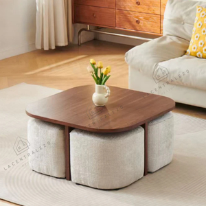 Table basse - Effet Noyer - Tabourets intégrés - Domino