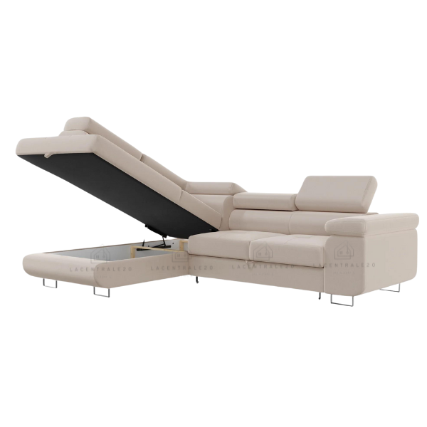 Canapé d’angle - Convertible – Tissu velours - Coffre intégré, 3 appuie-têtes – Toulouse