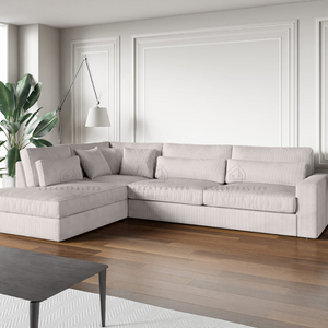 Canapé d’angle – Tissu côtelé écru ou velours beige – Moderna Souk