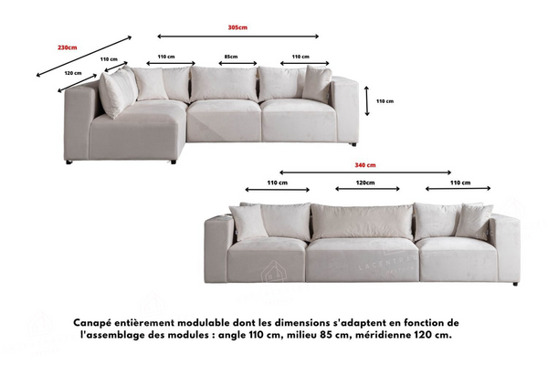 Canapé d'angle Modulable – Tissu chenille ou velours - Zara