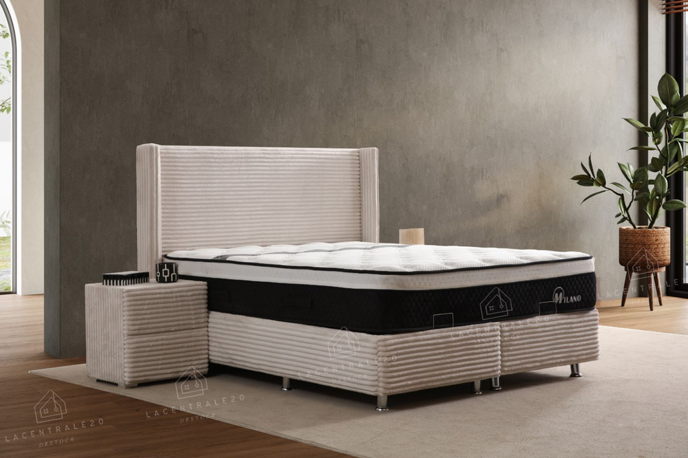 Lit coffre - Tissu côtelé - Blanc - Clara