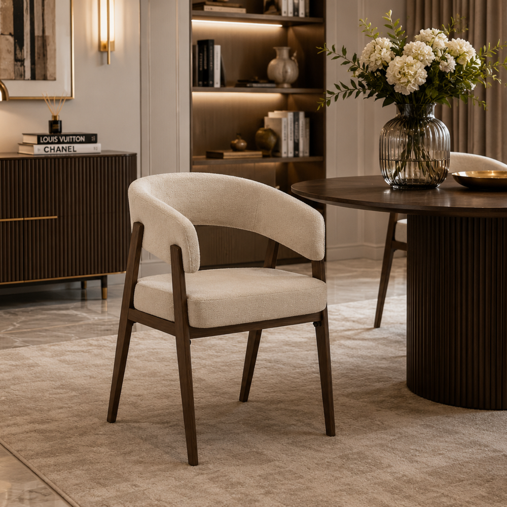 Chaise salle à manger - Velours Beige / Grain Moka – Pied effet noyer  – Lots de 2/4/6 – Alicia