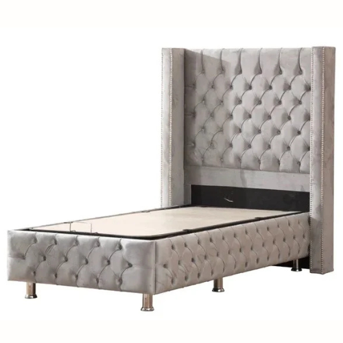 Lit Coffre - 1 place - Gris - Clouté