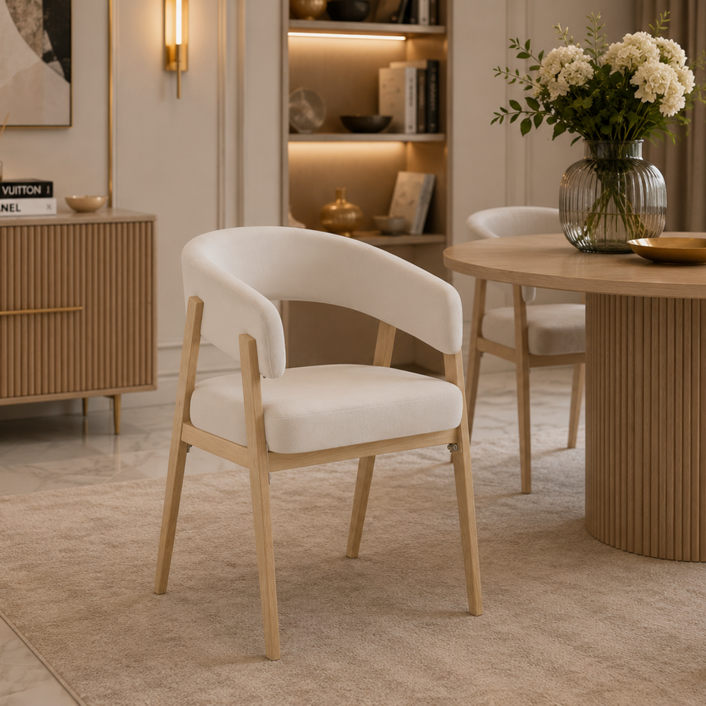 Chaise salle à manger - Velours Beige / Grain Moka – Pied effet chêne  – Lots de 2/4/6 – Alicia