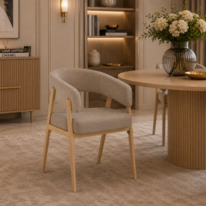 Chaise salle à manger - Velours Beige / Grain Moka – Pied effet chêne  – Lots de 2/4/6 – Alicia