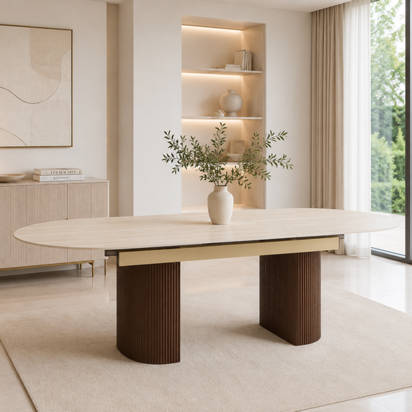 Table à manger - Extensible - Effet Noyer et Travertin - Sahara