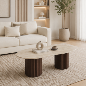Table basse - Effet plateaux travertin Mat ou Brillant - Pied effet noyer - Keysha