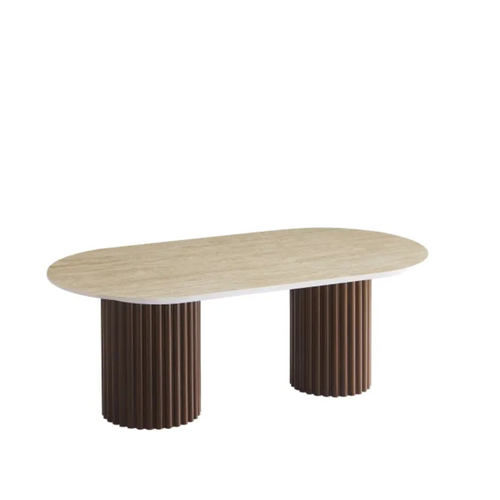 Table basse - Effet plateaux travertin Mat ou Brillant - Pied effet noyer - Keysha