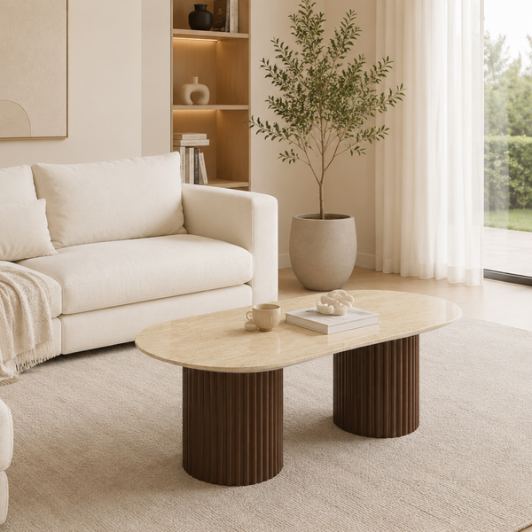 Table basse - Effet plateaux travertin Mat ou Brillant - Pied effet noyer - Keysha