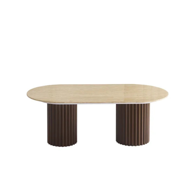 Table basse - Effet plateaux travertin Mat ou Brillant - Pied effet noyer - Keysha