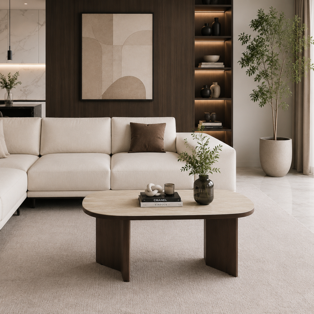 Table Basse - Pied effet noyer - Plateau effet travertin - Page