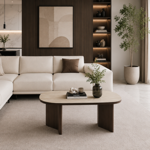 Table Basse - Pied effet noyer - Plateau effet travertin - Page