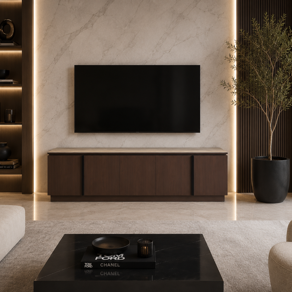 Meuble TV - 200x40x60cm - Effet noyer et travertin mat - Baieta