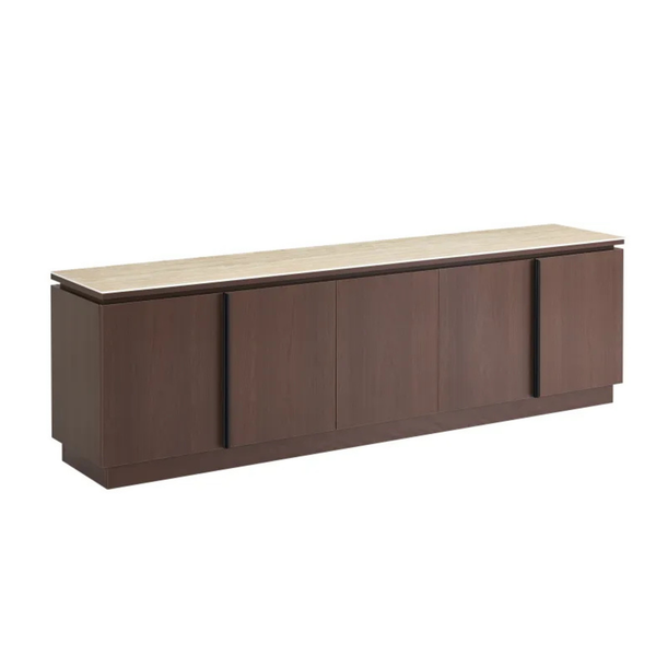 Meuble TV - 200x40x60cm - Effet noyer et travertin mat - Baieta