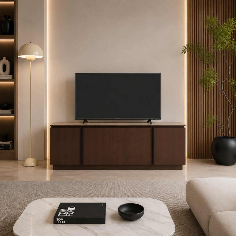 Meuble TV - 160x40x60cm - Effet noyer et travertin mat - Baieta
