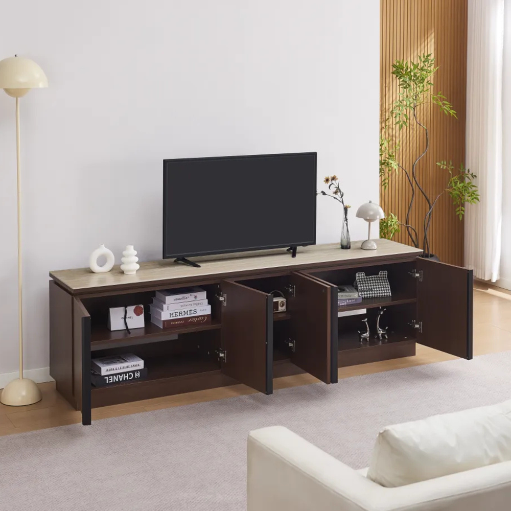 Meuble TV - 200x40x60cm - Effet noyer et travertin mat - Baieta
