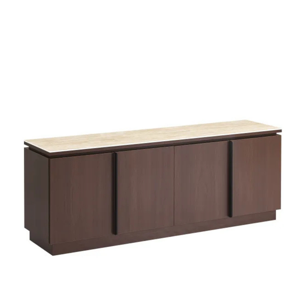 Meuble TV - 160x40x60cm - Effet noyer et travertin mat - Baieta