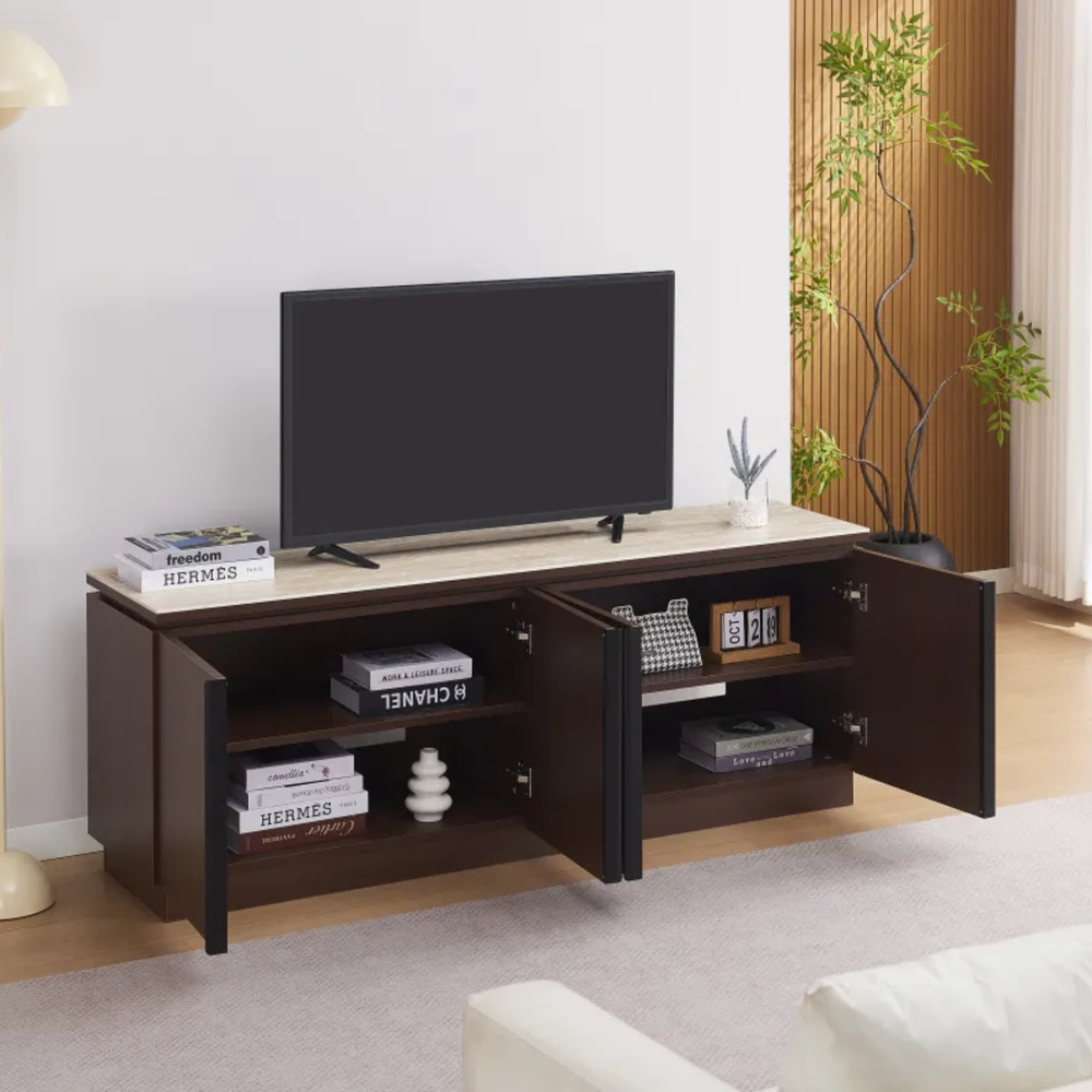 Meuble TV - 160x40x60cm - Effet noyer et travertin mat - Baieta