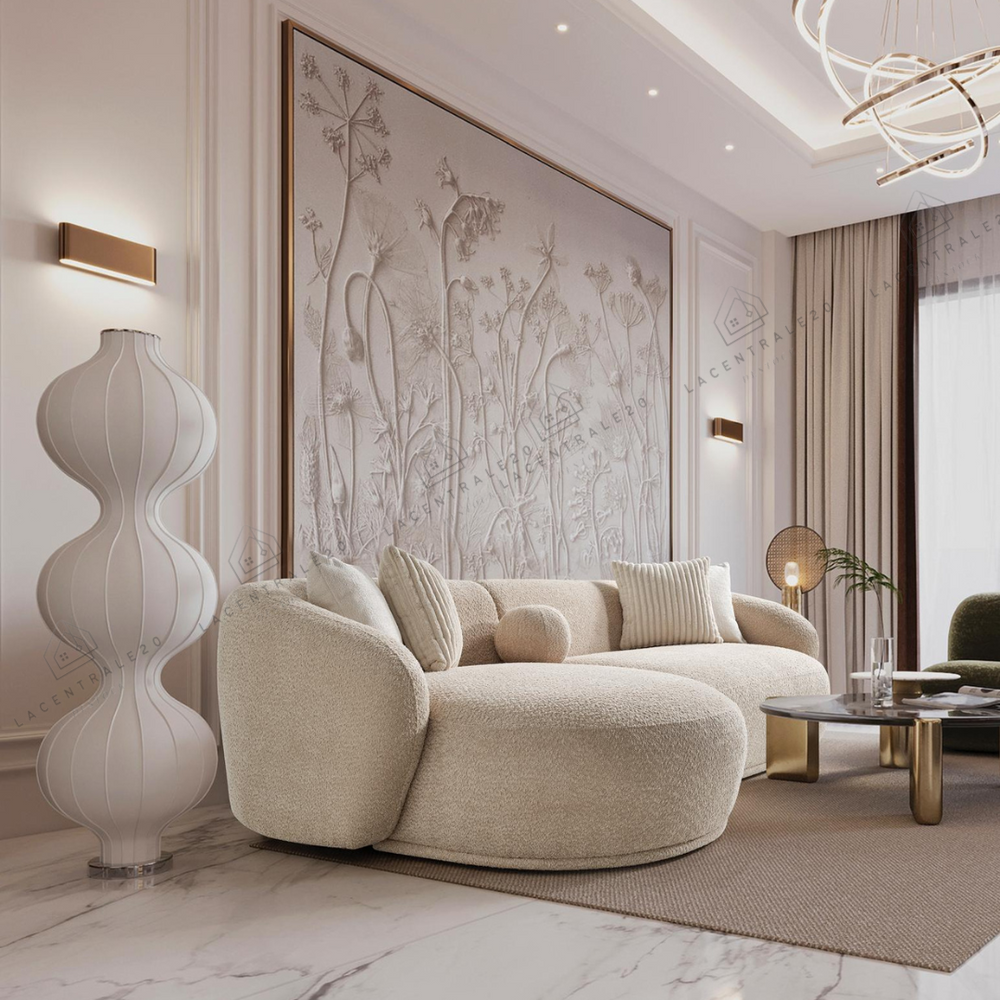 Canapé d'angle - Tissu Laine bouclée ou Velours écru - Oslo