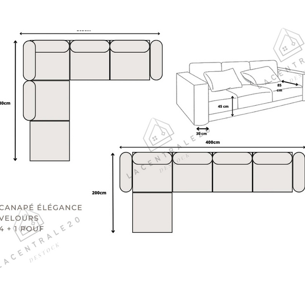Canapé Modulable - Tissu velours Beige - 4+1 Pouf - Modulo