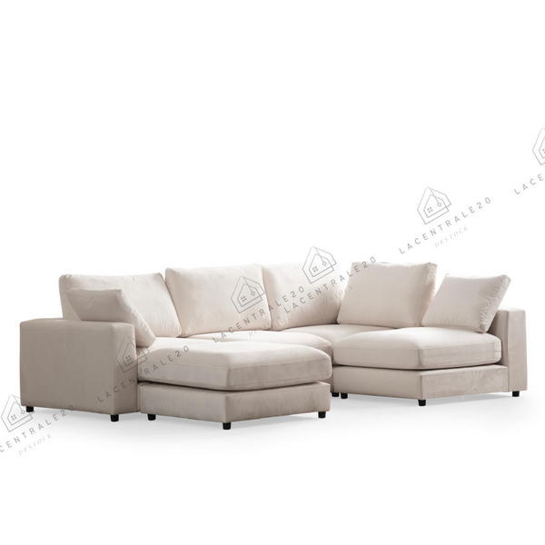 Canapé d’angle - Modulable 4+1 - Tissu laine bouclée, chenille ou velours beige - Julie