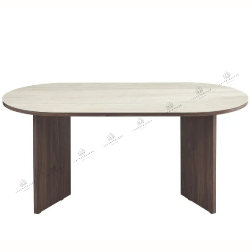 Table à manger - Plateau effet travertin - Pied effet Noyer - Page