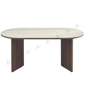Table à manger - Plateau effet travertin - Pied effet Noyer - Page