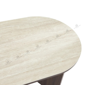 Table à manger - Plateau effet travertin - Pied effet Noyer - Page