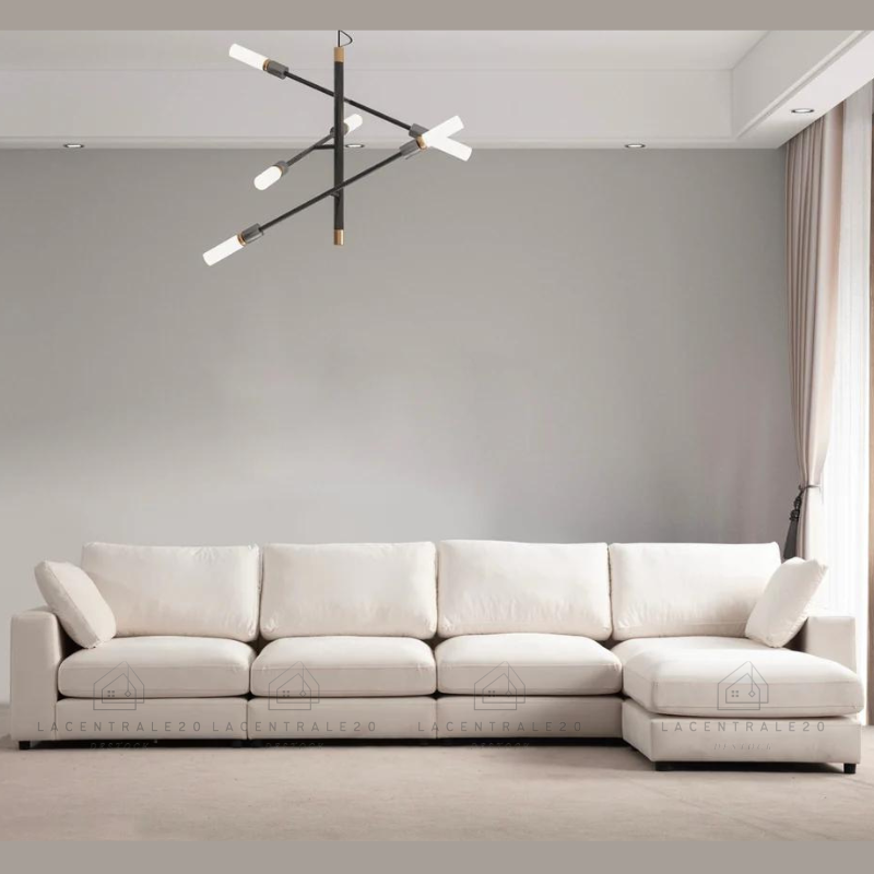 Canapé d’angle - Modulable 4+1 - Tissu laine bouclée, chenille ou velours beige - Julie