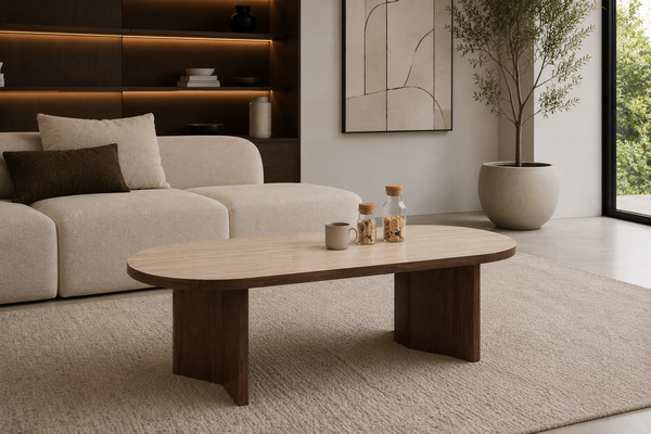 Table basse - Effet travertin et noyer - Page