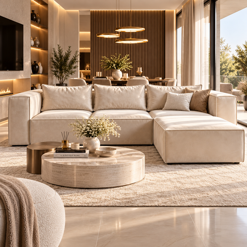 Canapé Modulable – Tissu velours Beige – 3 Modules – Celia