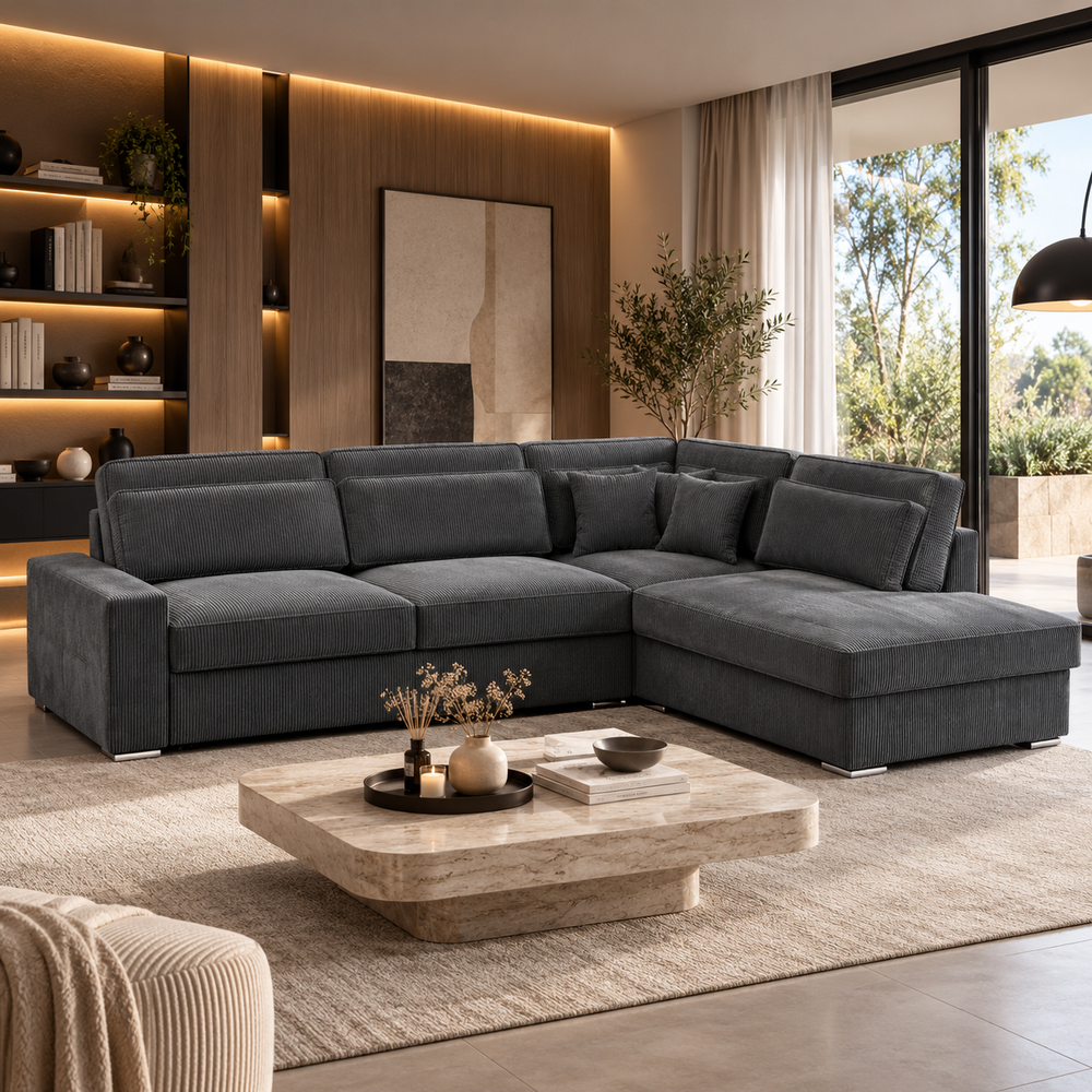 Canapé d’angle – Tissu côtelé gris anthracite – Bristol
