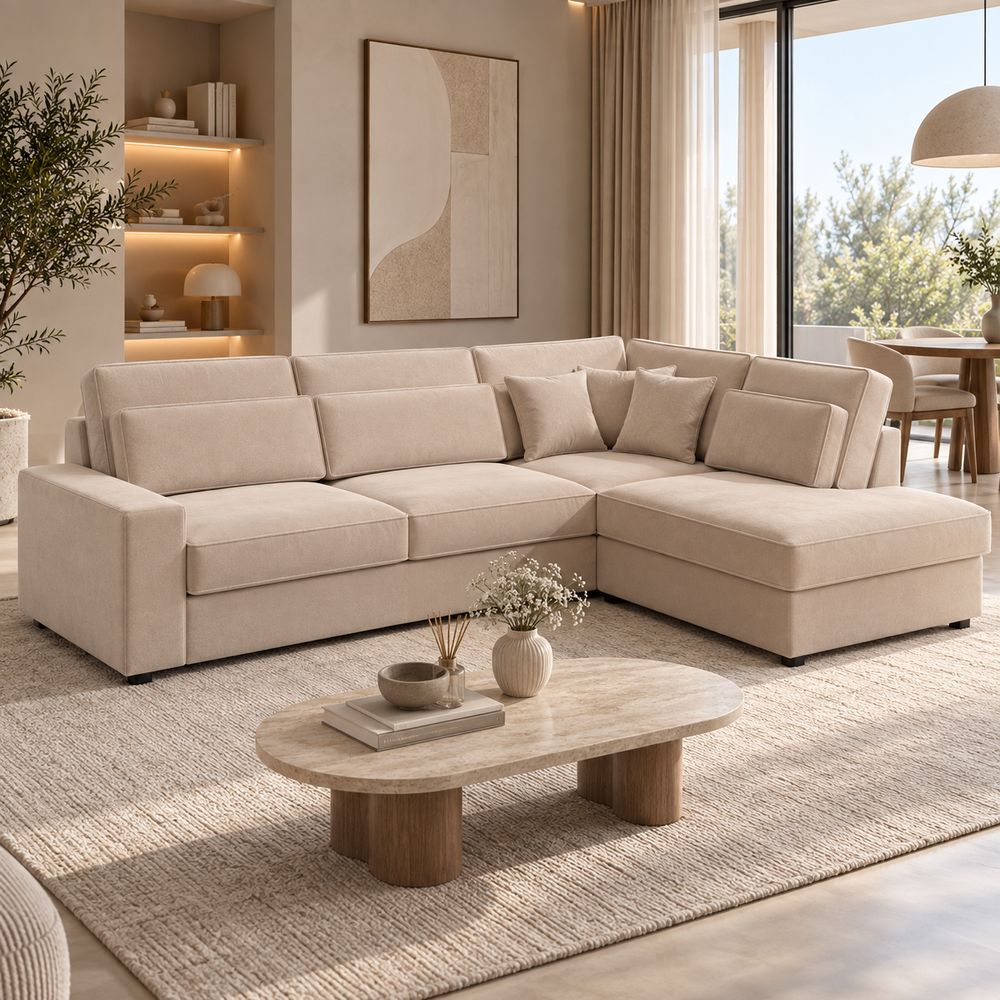 Canapé d’angle - Tissu velours beige - Bristol