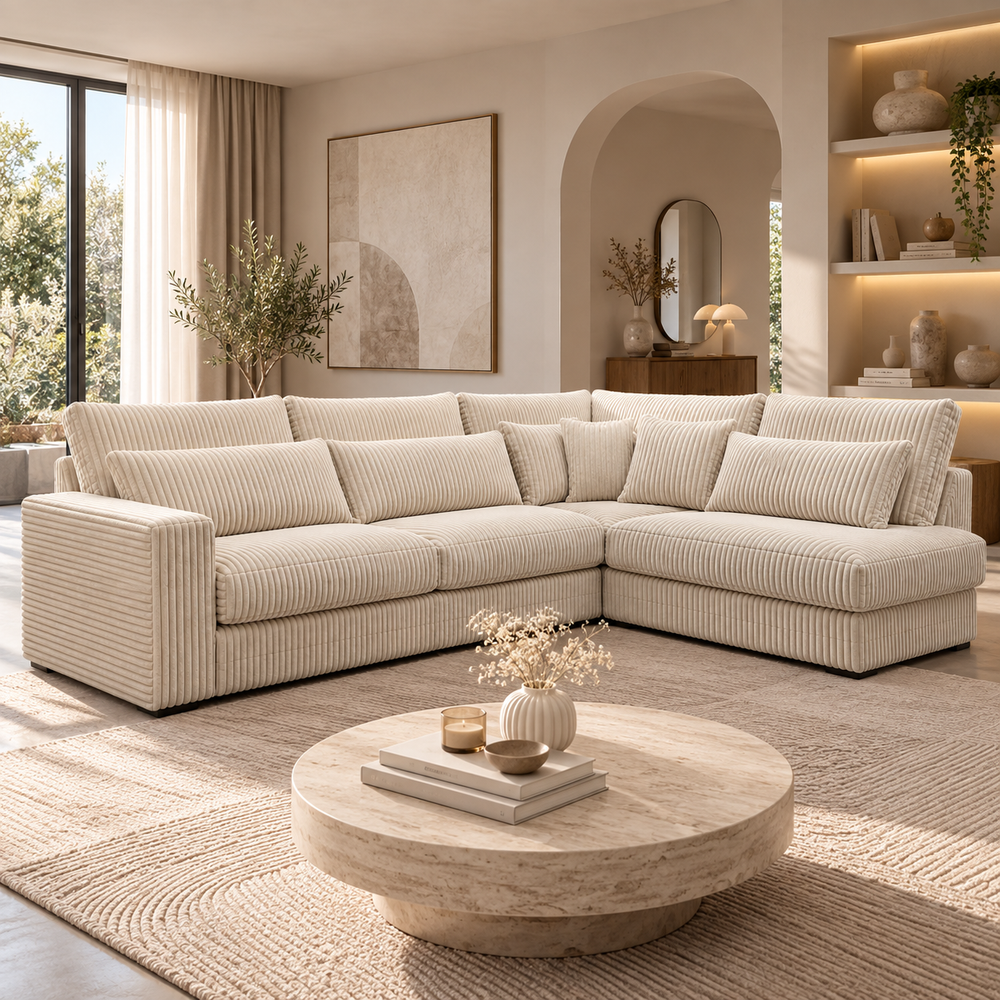 Canapé d’angle – Tissu velours côtelé crème – 320×230 cm - Ivory