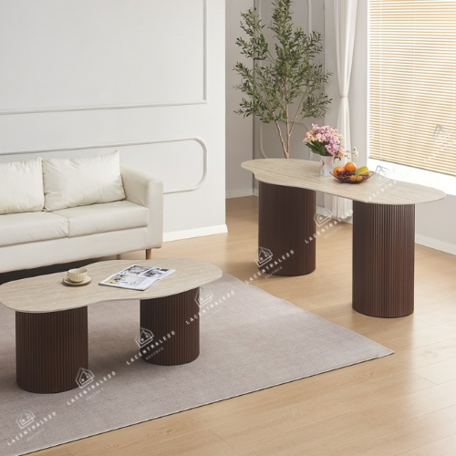 Table à manger Niki effet travertin & pieds noyer