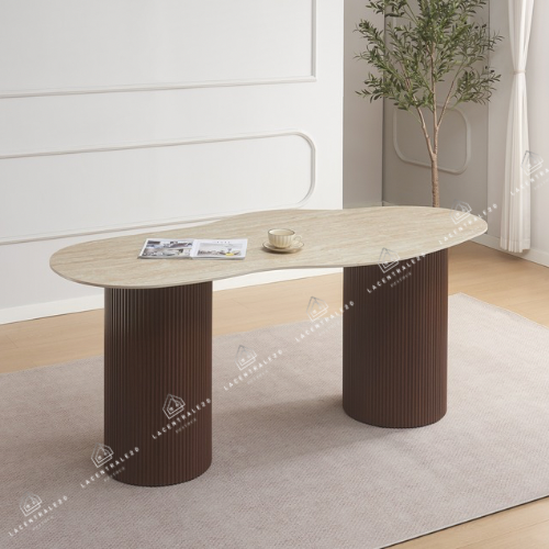 Table à manger Niki effet travertin & pieds noyer