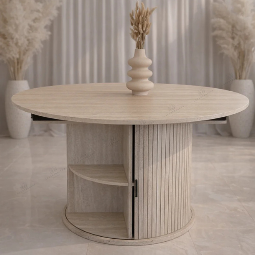 Table à manger - Extensible - Effet travertin - rangements intégrés - Ronde - Leon