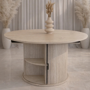 Table à manger - Extensible - Effet travertin - rangements intégrés - Ronde - Leon